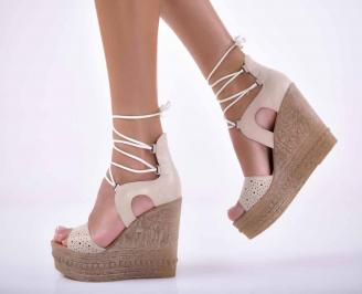 Дамски сандали на платформа естествена кожа бежови EOBUVKIBG