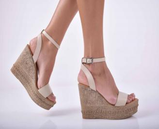 Дамски сандали на платформа естествена кожа бежови EOBUVKIBG